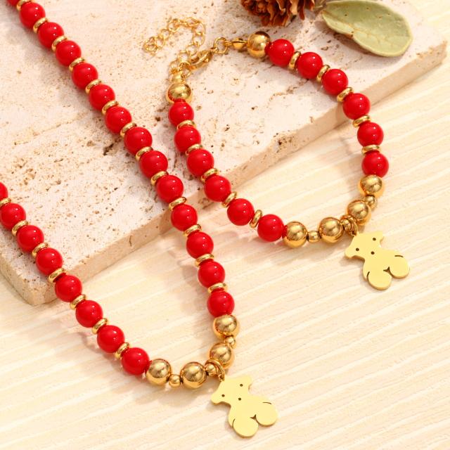 Popular Cute Cartoon Bear peand Stainless Steel 18K Gold-Plated Bracelet Natural Stone Handmade Beaded Jewelry Bracelet
