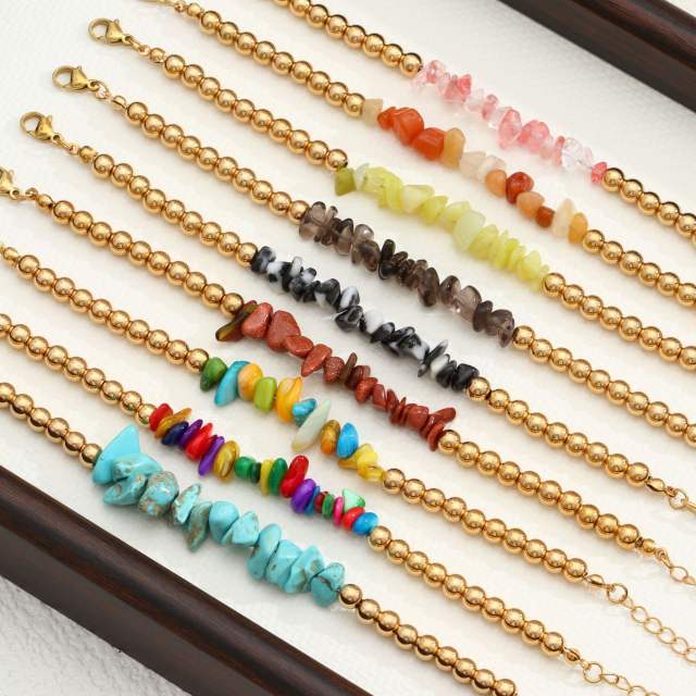 New Style Natural Stone Patchwork Travel Stackable Bracelet Colorful Irregular Summer stainless Steel Bracelet for Women