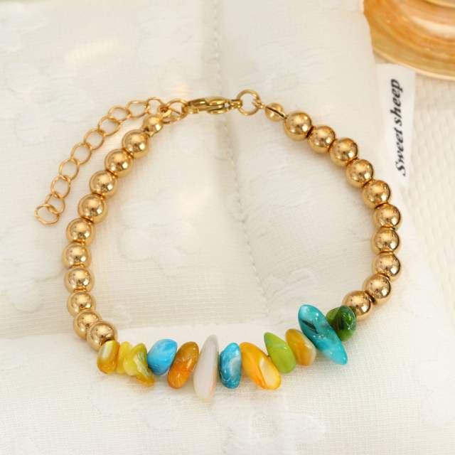 New Style Natural Stone Patchwork Travel Stackable Bracelet Colorful Irregular Summer stainless Steel Bracelet for Women