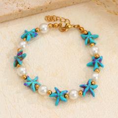 Summer Ocean Style Artificial Pearl Starfish stainless steel bead Bracelet