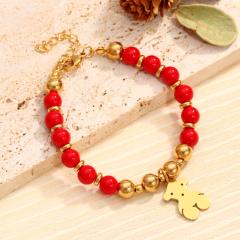 Popular Cute Cartoon Bear peand Stainless Steel 18K Gold-Plated Bracelet Natural Stone Handmade Beaded Jewelry Bracelet