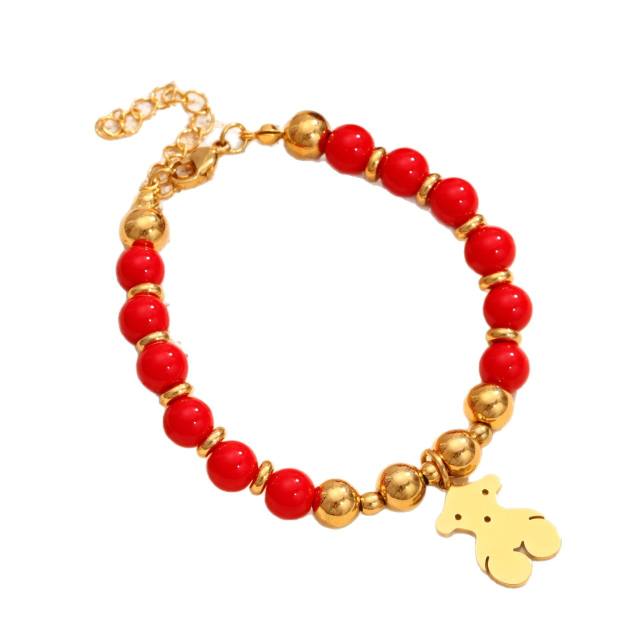 Popular Cute Cartoon Bear peand Stainless Steel 18K Gold-Plated Bracelet Natural Stone Handmade Beaded Jewelry Bracelet