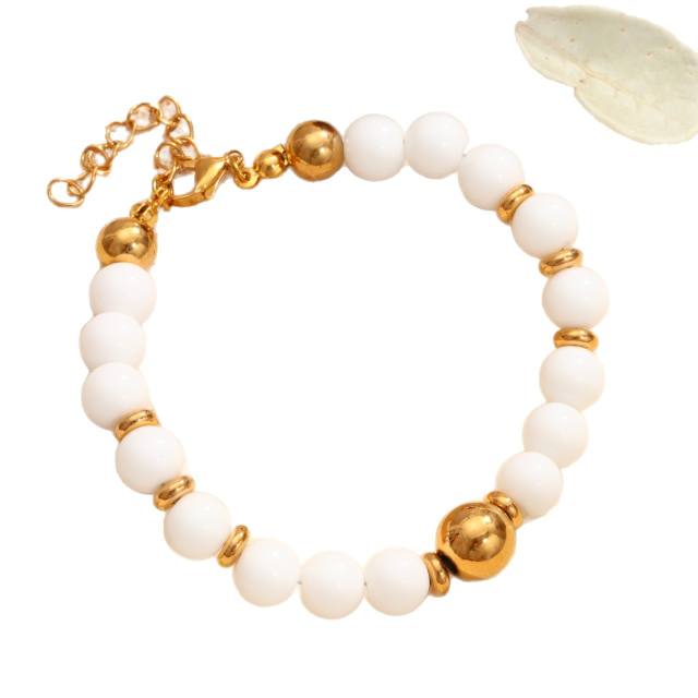 Easy match whtie color natural stone bead stainless steel bead bracelet necklace set