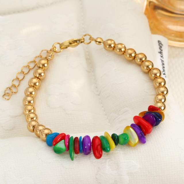 New Style Natural Stone Patchwork Travel Stackable Bracelet Colorful Irregular Summer stainless Steel Bracelet for Women
