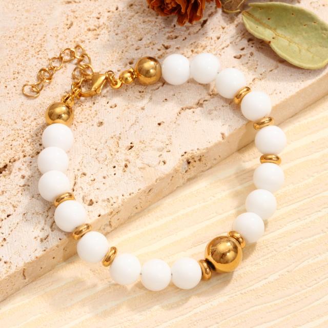 Easy match whtie color natural stone bead stainless steel bead bracelet necklace set