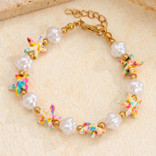 Summer Ocean Style Artificial Pearl Starfish stainless steel bead Bracelet