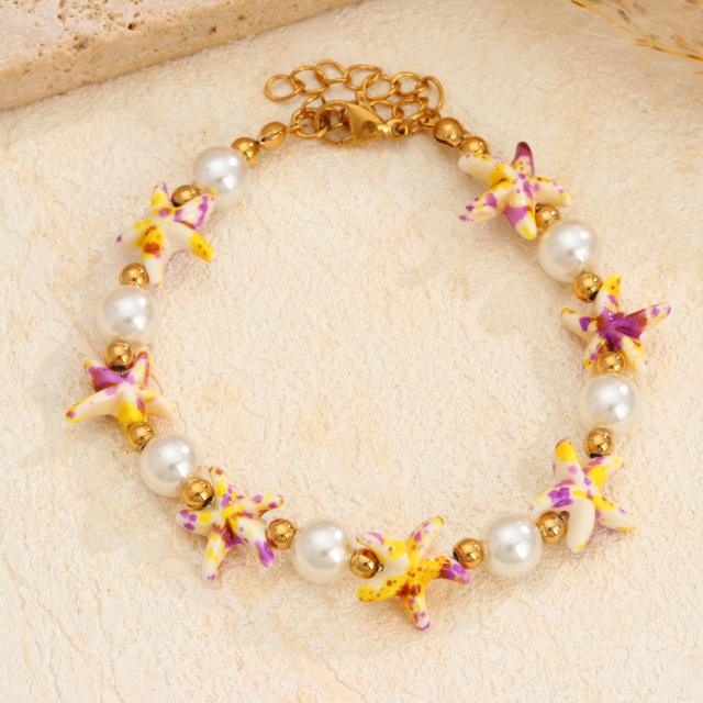 Summer Ocean Style Artificial Pearl Starfish stainless steel bead Bracelet