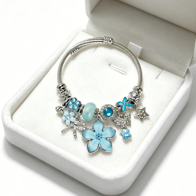 Summer fresh colorful flower charm pandora style bangle bracelet for women