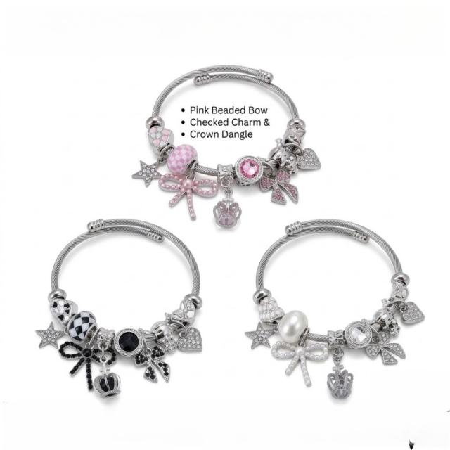 Pandora Style DIY Beaded Open Bracelet with Various Styles of Bow Pendant Bracelets for Sweet Girls