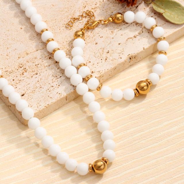 Easy match whtie color natural stone bead stainless steel bead bracelet necklace set
