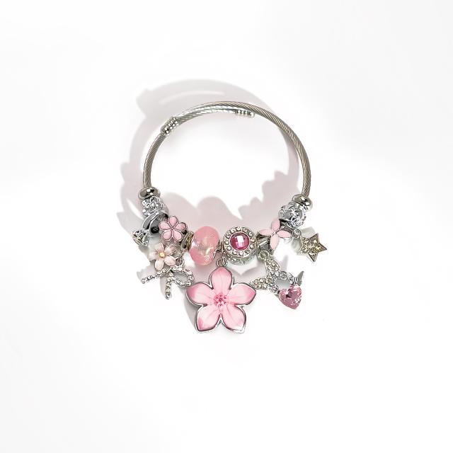 Summer fresh colorful flower charm pandora style bangle bracelet for women