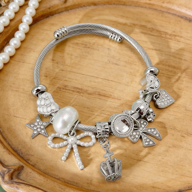 Pandora Style DIY Beaded Open Bracelet with Various Styles of Bow Pendant Bracelets for Sweet Girls