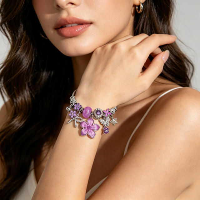 Summer fresh colorful flower charm pandora style bangle bracelet for women