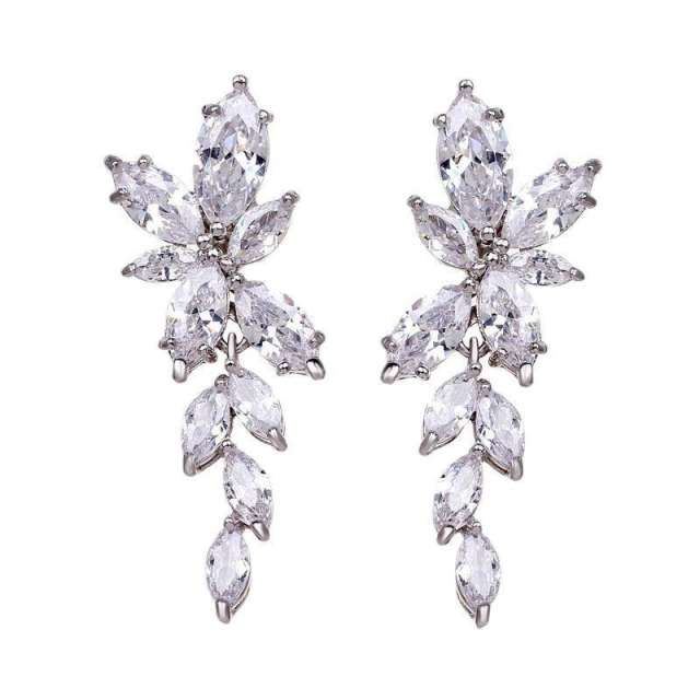 Hot-Selling Elegant Lady Long Super Shiny Olive Branch Leaf Zircon Diamond Earrings