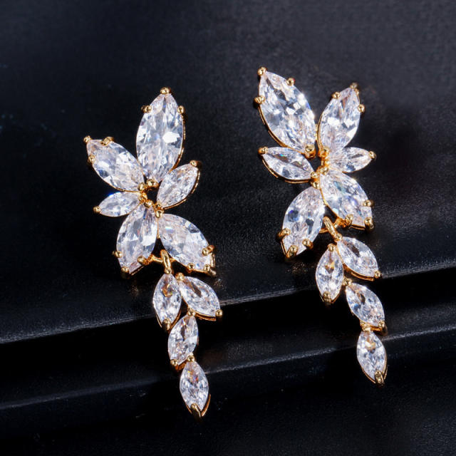 Hot-Selling Elegant Lady Long Super Shiny Olive Branch Leaf Zircon Diamond Earrings