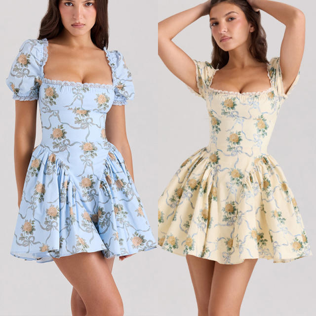 Summer New Fashion 2026 Stylish Square-Neck Slim-Fit Printed Mesh Lace Puff Sleeve Dress for Women