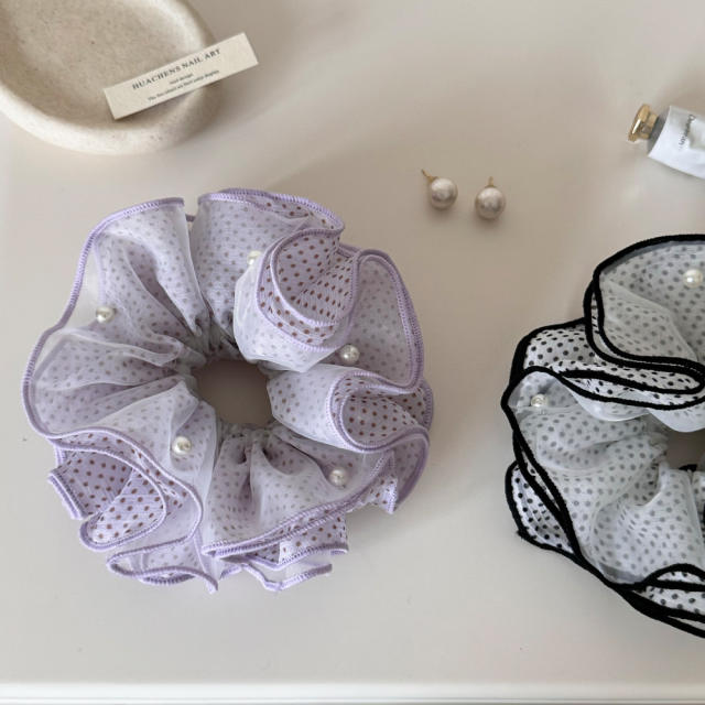 Purple Korean-Style Polka Dot Pearl Mesh Scrunchie for Women large size scrunchies