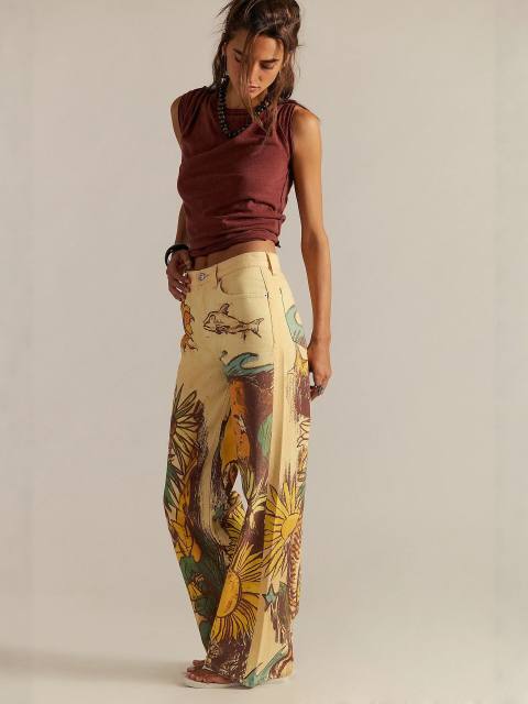 Street Fashion Casual Loose Printed Mid-Waist Straight-Leg Women's Jeans