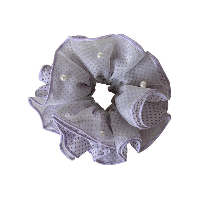 Purple Korean-Style Polka Dot Pearl Mesh Scrunchie for Women large size scrunchies