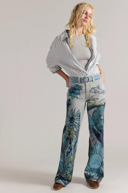 Street Fashion Casual Loose Printed Mid-Waist Straight-Leg Women's Jeans