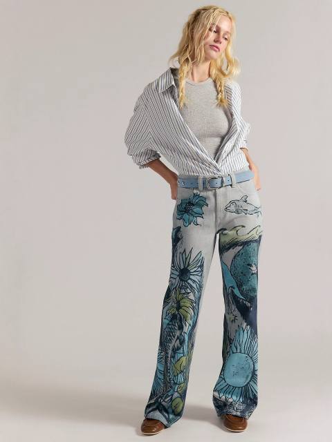 Street Fashion Casual Loose Printed Mid-Waist Straight-Leg Women's Jeans