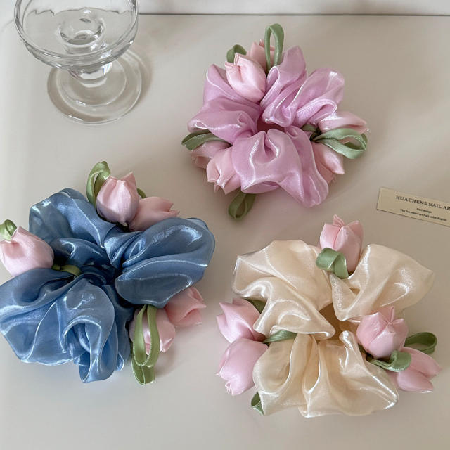 Korean-Style Sweet Tulip Flower Large Scrunchie for Women