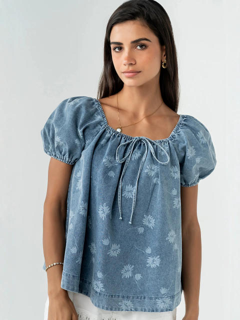 Summer sweet puff sleeve denim women tops