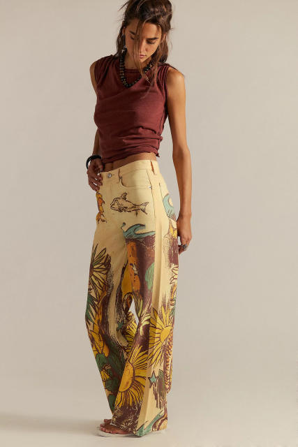 Street Fashion Casual Loose Printed Mid-Waist Straight-Leg Women's Jeans