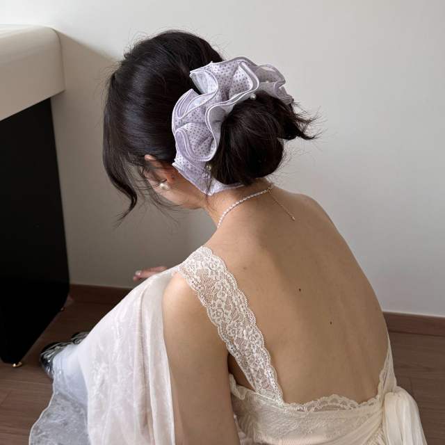 Purple Korean-Style Polka Dot Pearl Mesh Scrunchie for Women large size scrunchies
