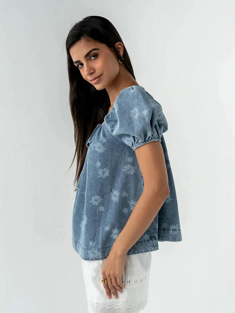 Summer sweet puff sleeve denim women tops
