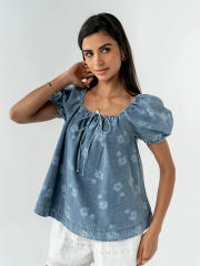 Summer sweet puff sleeve denim women tops