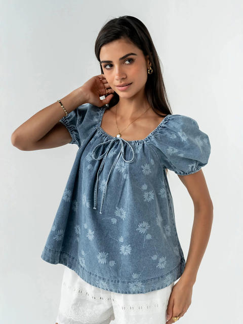 Summer sweet puff sleeve denim women tops