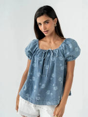 Summer sweet puff sleeve denim women tops