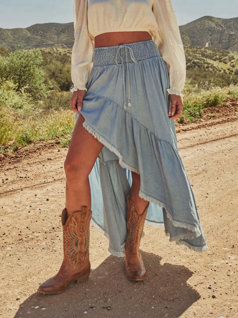 Irregular Skirt for Women Spring Summer Elastic High Waist Ruffled A-Line Umbrella Skirt