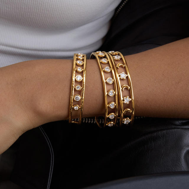 18K Gold Zircon Bracelet Non-Fading hollow out stainless steel bangle bracelet