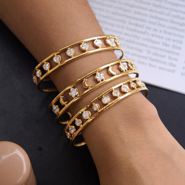18K Gold Zircon Bracelet Non-Fading hollow out stainless steel bangle bracelet