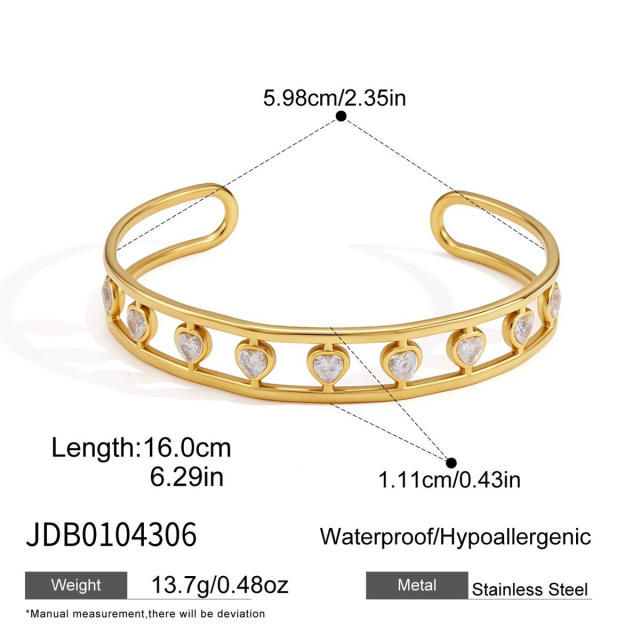 18K Gold Zircon Bracelet Non-Fading hollow out stainless steel bangle bracelet