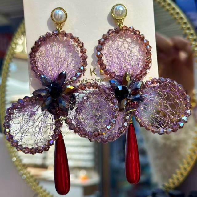New Style Light Luxury Crystal-Encrusted Three-Leaf Flower Earrings