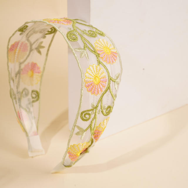 Mesh Sweet Embroidered Flower Hair Hoop Bohemian Pastoral Style Wide-brimmed headband