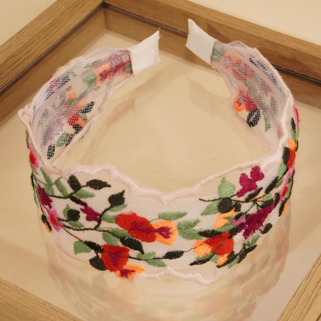 Mesh Sweet Embroidered Flower Hair Hoop Bohemian Pastoral Style Wide-brimmed headband