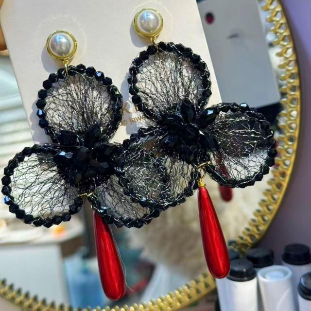 New Style Light Luxury Crystal-Encrusted Three-Leaf Flower Earrings