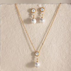 18K Gold-Plated Stainless Steel necklace set Zircon Pearl Pendant Necklace earrings set