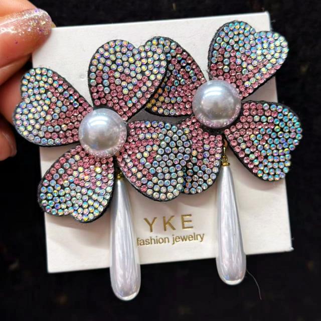 Full Diamond Flower Earrings Weddings Vacations Partie Elegant Pearl drop earrings