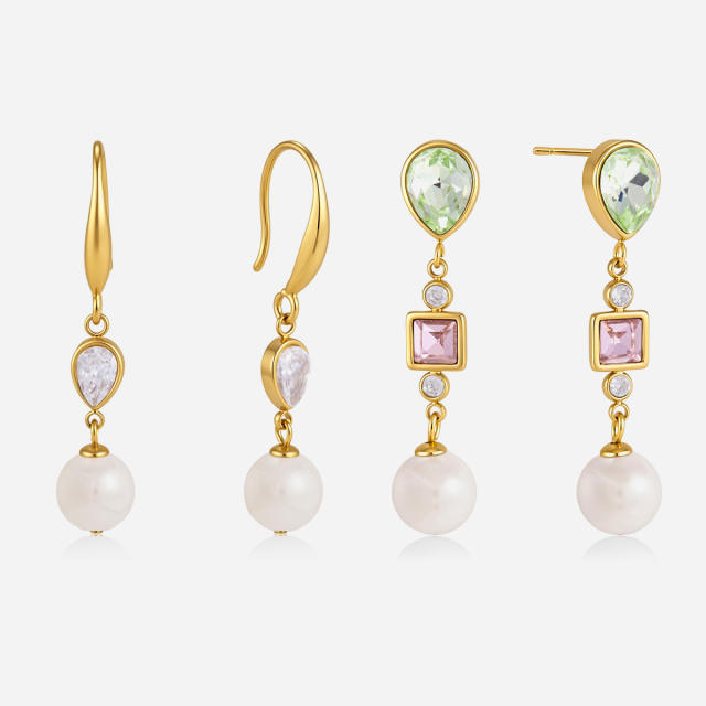Elegant pearl bead cubic zircon stainless steel earrings dangle earrings
