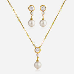 18K Gold-Plated Stainless Steel necklace set Zircon Pearl Pendant Necklace earrings set