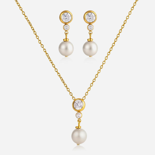 18K Gold-Plated Stainless Steel necklace set Zircon Pearl Pendant Necklace earrings set