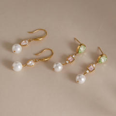 Elegant pearl bead cubic zircon stainless steel earrings dangle earrings