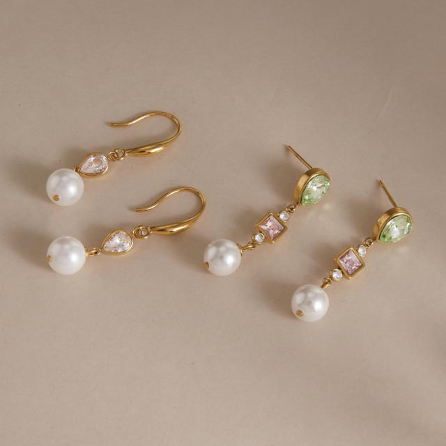 Elegant pearl bead cubic zircon stainless steel earrings dangle earrings