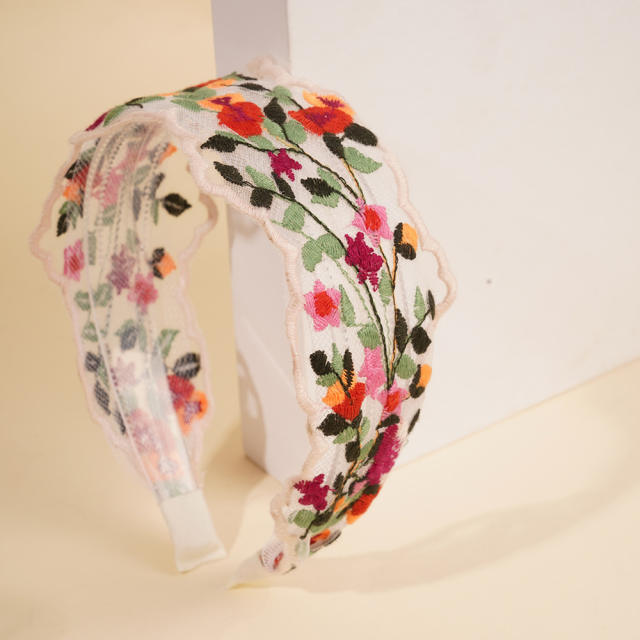 Mesh Sweet Embroidered Flower Hair Hoop Bohemian Pastoral Style Wide-brimmed headband