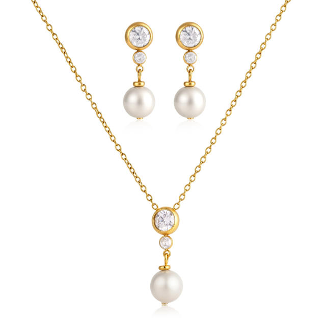 18K Gold-Plated Stainless Steel necklace set Zircon Pearl Pendant Necklace earrings set
